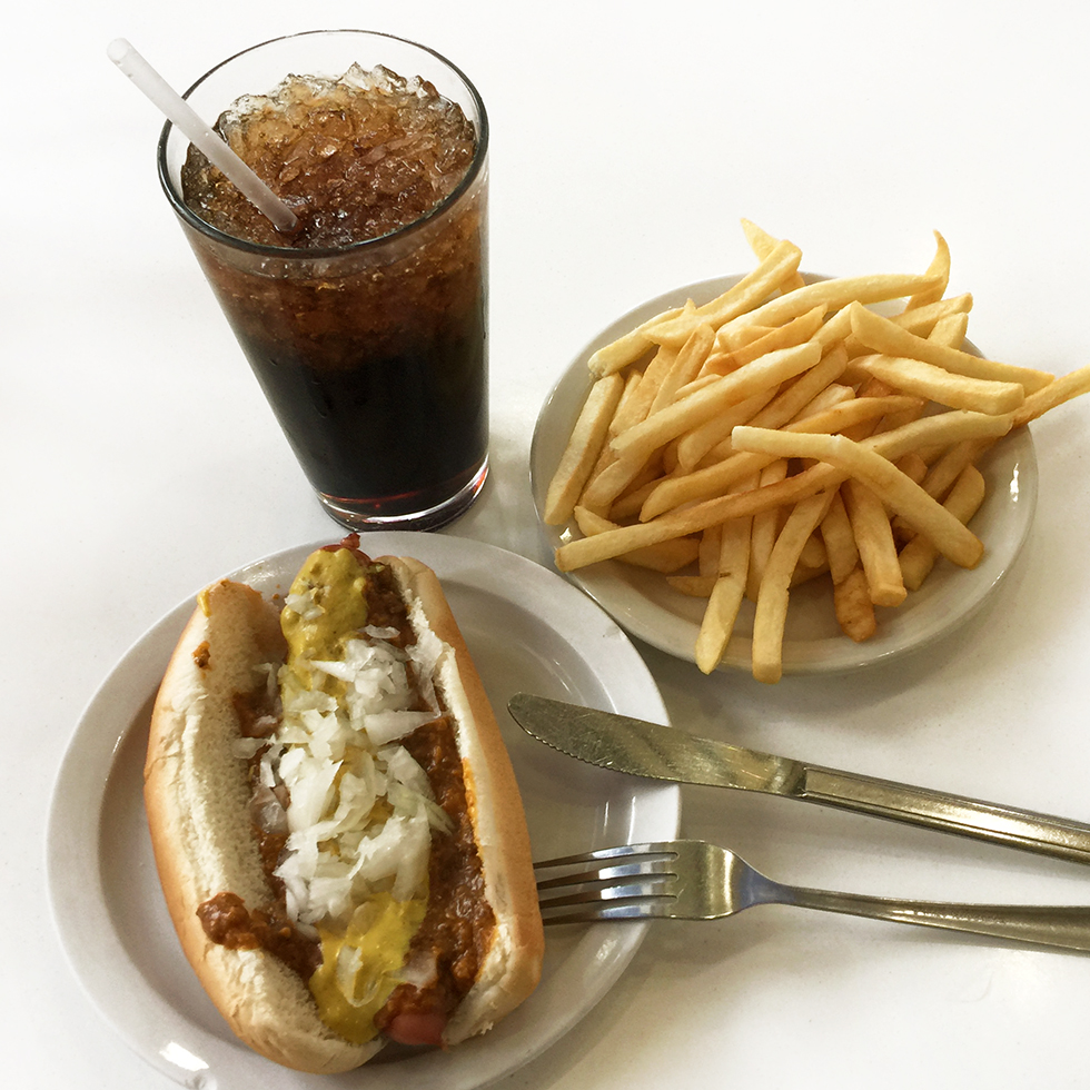 Coney Island Dog, fries and a Dr. Pepper at American Coney Island | Detroit, Michigan