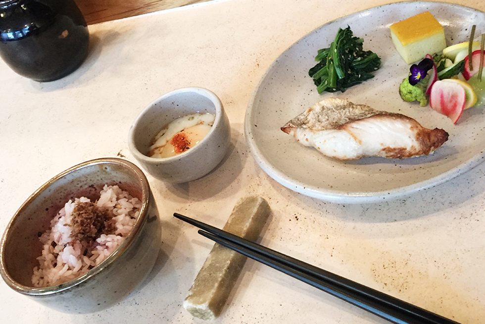 Ichiju sansai set for breakfast featuring mackerel, runny egg and pickles at Okonomi | Brooklyn, New York